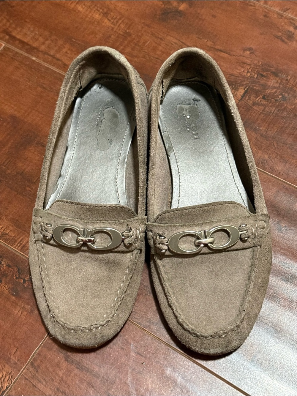 Coach Taupe Suede Loafers with Metal logo